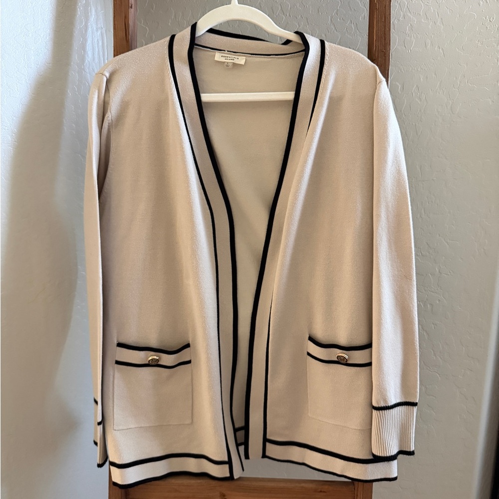 Essentials by Milo Cream Cardigan with Black Trim ad gold buttons